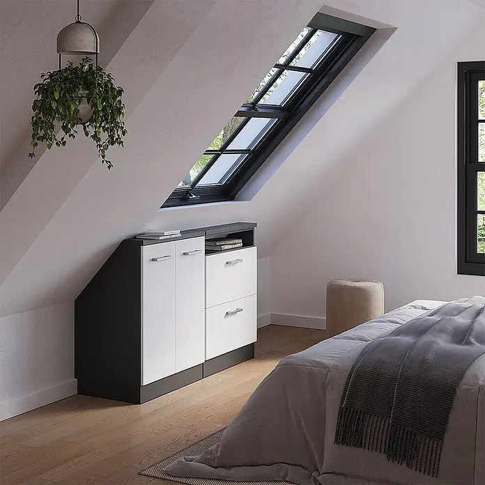 Vicco Schrankküche R-Line Weiß Hochglanz 2er Set - Weiß Hochglanz, Dachschrägenzeile 120cm - Weiß hochglänzender und dunkelgrauer Aufbewahrungsschrank mit Türen und Schubladen, passend unter eine Dachschräge.