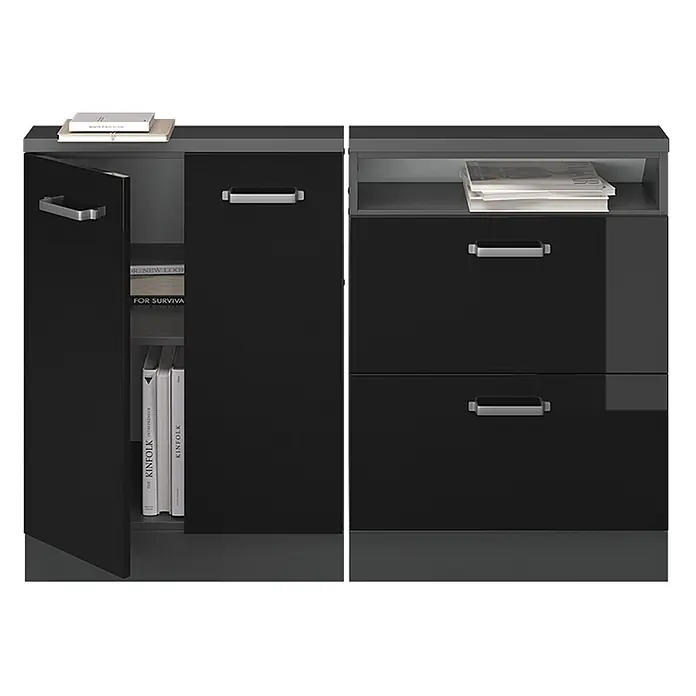 Vicco Küchenschrank für Dachschrägen R-Line, Schwarz Hochglanz, 120 cm -  - Schwarzes Hochglanz-Sideboard mit zweitürigem Schrank (offen mit Büchern) und einer Einheit mit offener Ablage und zwei Schubladen.