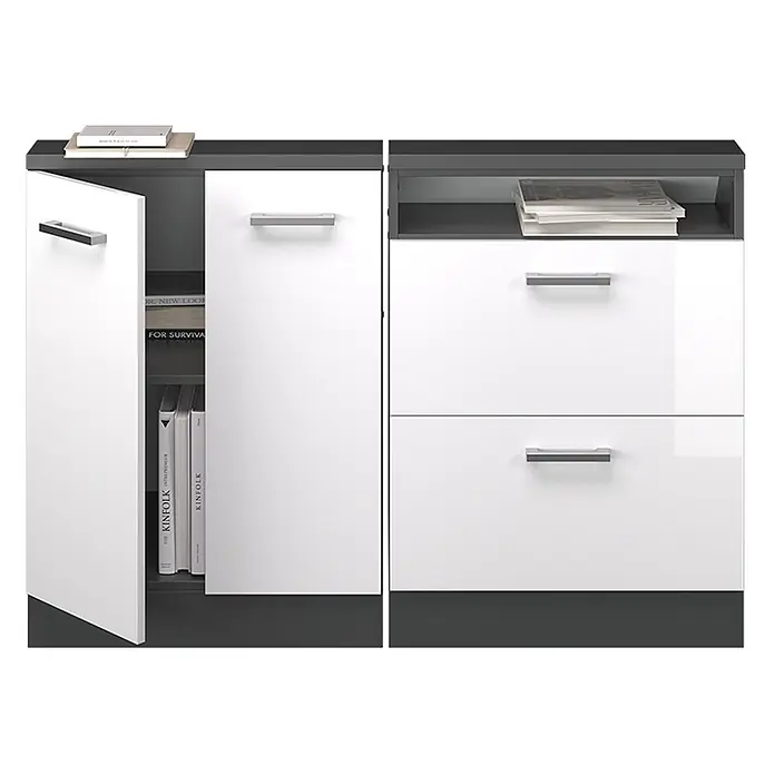 Vicco Schrankküche R-Line Weiß Hochglanz 2er Set - Weiß Hochglanz, Dachschrägenzeile 120cm - Modernes dunkelgraues und glänzend weißes Sideboard mit offenem Fach, einer Tür und zwei Schubladen, alle mit silbernen Griffen.