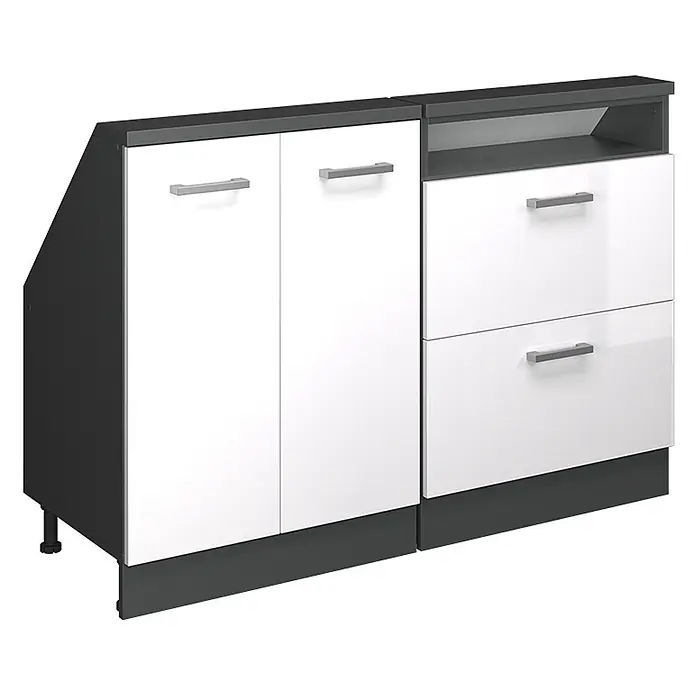 Vicco Schrankküche R-Line Weiß Hochglanz 2er Set - Weiß Hochglanz, Dachschrägenzeile 120cm - Weiß-dunkelgrauer Aufbewahrungsschrank mit zwei Türen, zwei Schubladen und einem offenen Fach.