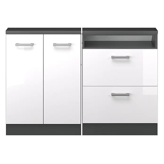 Vicco Schrankküche R-Line Weiß Hochglanz 2er Set - Weiß Hochglanz, Dachschrägenzeile 120cm - Weißer Hochglanz-Stauraumschrank mit dunkelgrauen Akzenten, zwei Türen, einem offenen Fach und zwei Schubladen.