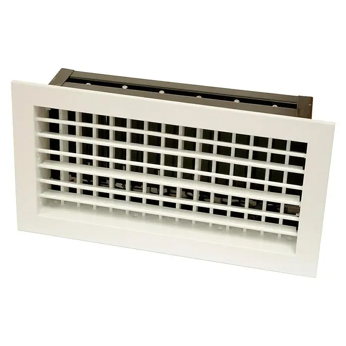 Reja de ventilación con registro - 400 x 150 mm - La imagen muestra una rejilla de ventilación cuadrada blanca con un marco marrón. La rejilla de ventilación es detallada y visible.
