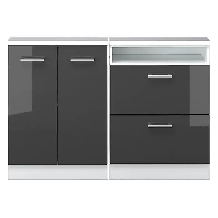 Vicco Schrankküche R-Line Anthrazit Hochglanz 2er Set - Anthrazit Hochglanz, Dachschrägenzeile 120cm - Dunkelgraue Hochglanz-Kommode mit weißer Ober- und Unterseite, zwei Türen, einem offenen Fach und zwei Schubladen mit silbernen Griffen.