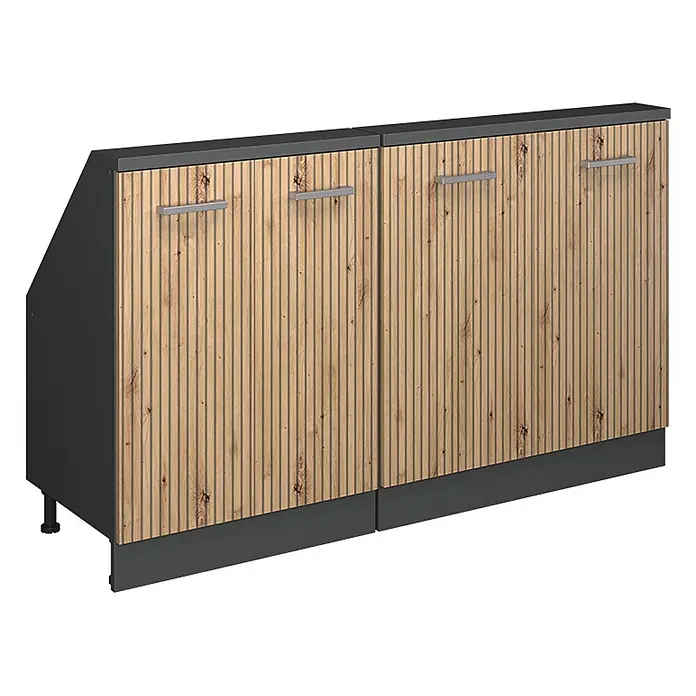 Vicco Schrankküche R-Line Artisan-Eiche 2er Set - Artisan-Eiche, Dachschrägenzeile 140cm - Zweiteiliger Schrank mit Lamellenfronten in Holzoptik, dunkelgrauem Rahmen und silbernen Griffen. Die linke Einheit hat eine abgeschrägte Seite.