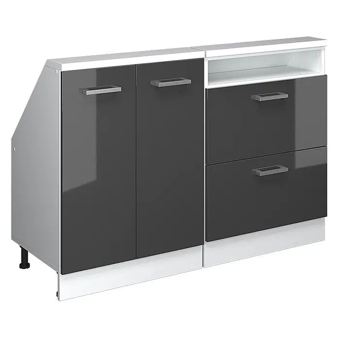 Vicco Schrankküche R-Line Anthrazit Hochglanz 2er Set - Anthrazit Hochglanz, Dachschrägenzeile 120cm - Zweiteiliger modularer Aufbewahrungsschrank mit dunkelgrauen Hochglanzfronten, hellem Rahmen und silbernen Griffen. Zwei Türen, ein offenes Fach und zwei Schubladen.