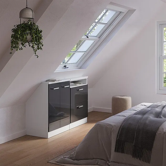 Vicco Schrankküche R-Line Anthrazit Hochglanz 2er Set - Anthrazit Hochglanz, Dachschrägenzeile 120cm - Glänzender dunkelgrau-weißer Stauraumschrank, passend unter Dachschräge im Schlafzimmer, für kompakte Aufbewahrung.