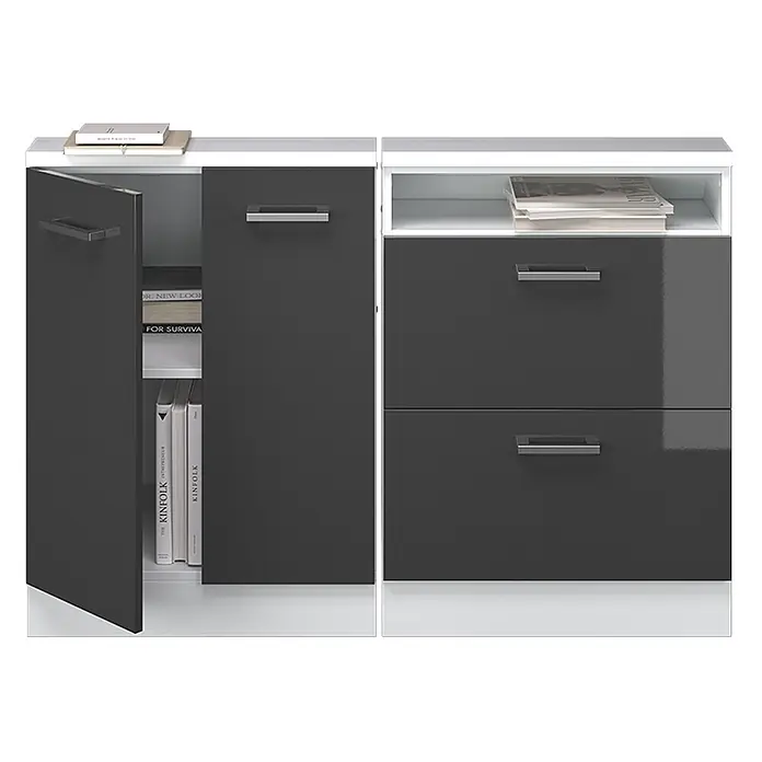 Vicco Schrankküche R-Line Anthrazit Hochglanz 2er Set - Anthrazit Hochglanz, Dachschrägenzeile 120cm - Glänzender anthrazitfarbener und weißer Aufbewahrungsschrank mit einer Tür und zwei Schubladen, der Bücher und Zeitschriften zeigt.