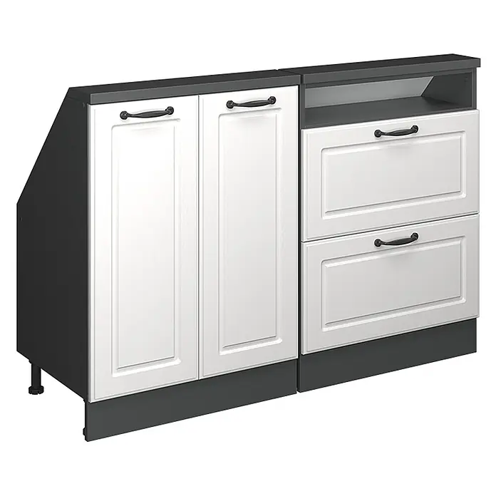 Vicco Schrankküche R-Line Weiß Landhaus 2er Set - Weiß Landhaus, Dachschrägenzeile 120cm - Weißer Küchenunterschrank mit zwei Türen, zwei Schubladen und einem offenen Regal, mit dunkelgrauen Arbeitsplatten und Sockel.