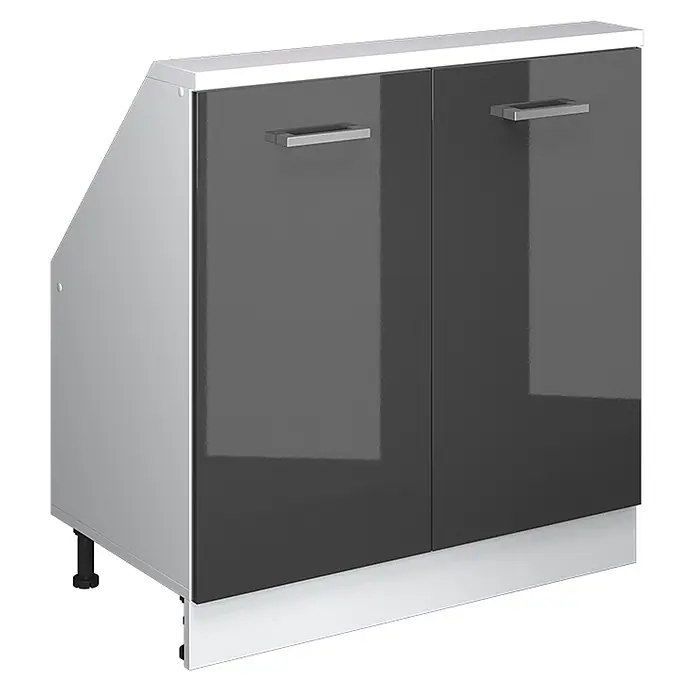 Vicco Küchenschrank für Dachschrägen R-Line, Anthrazit Hochglanz, 80 cm -  - Grauer Hochglanz-Zweitürer-Spülunterschrank mit weißer Platte und Sockelblende.