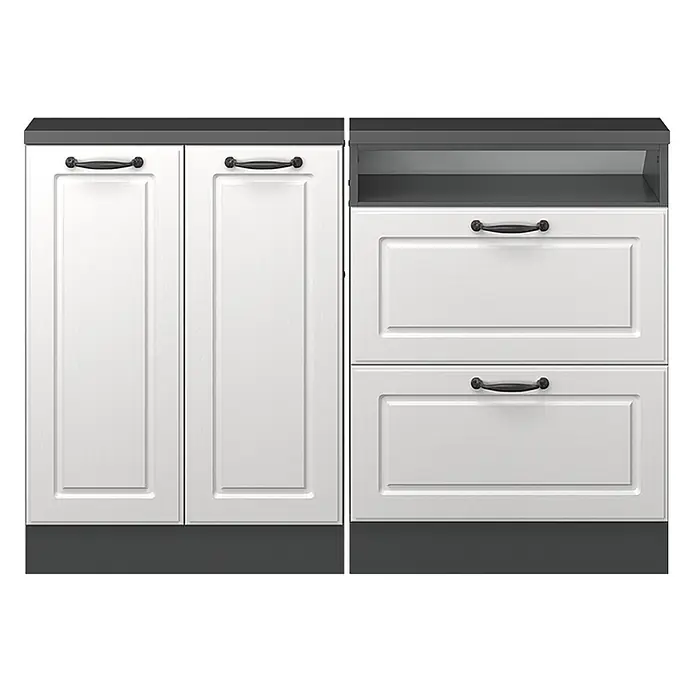 Vicco Schrankküche R-Line Weiß Landhaus 2er Set - Weiß Landhaus, Dachschrägenzeile 120cm - Zwei weiße Unterschränke, dunkelgraue Platten und Sockel. Links zwei Türen, rechts Regal und zwei Schubladen, alle mit schwarzen Griffen.