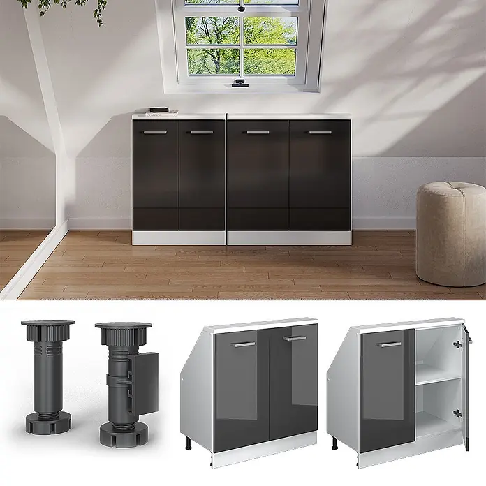 Vicco Küchenschrank für Dachschrägen R-Line, Anthrazit Hochglanz, 80 cm -  - Dunkelgraue Hochglanzschränke mit weißen Platten & Griffen. Mit verstellbaren Füßen und Einlegeböden, ideal für Dachschrägen.