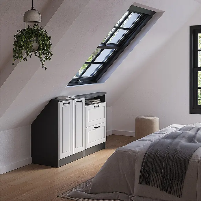 Vicco Schrankküche R-Line Weiß Landhaus 2er Set - Weiß Landhaus, Dachschrägenzeile 120cm - Maßgefertigte weiß-dunkelgraue Aufbewahrungseinheit mit Schränken und Schubladen für Dachschrägen.