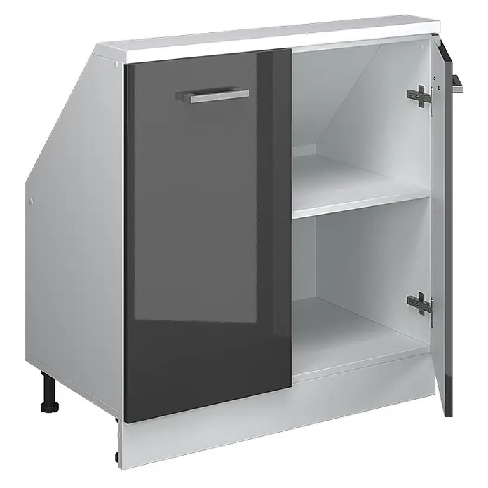 Vicco Küchenschrank für Dachschrägen R-Line, Anthrazit Hochglanz, 80 cm -  - Weißer Unterschrank mit schräger Rückseite, grauer Hochglanztür, silbernem Griff, Innenregal und verstellbaren Füßen.