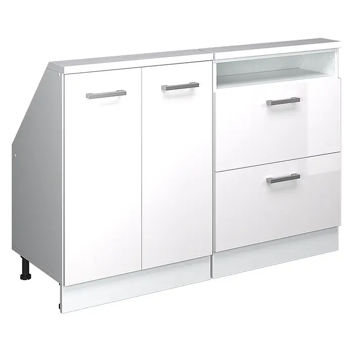 Vicco Schrankküche R-Line Weiß Hochglanz 2er Set - Weiß Hochglanz, Dachschrägenzeile 120cm - Weiß glänzendes modulares Schrankelement mit abgeschrägter Seite, zwei Türen, einem offenen Fach und zwei Schubladen mit silbernen Griffen.