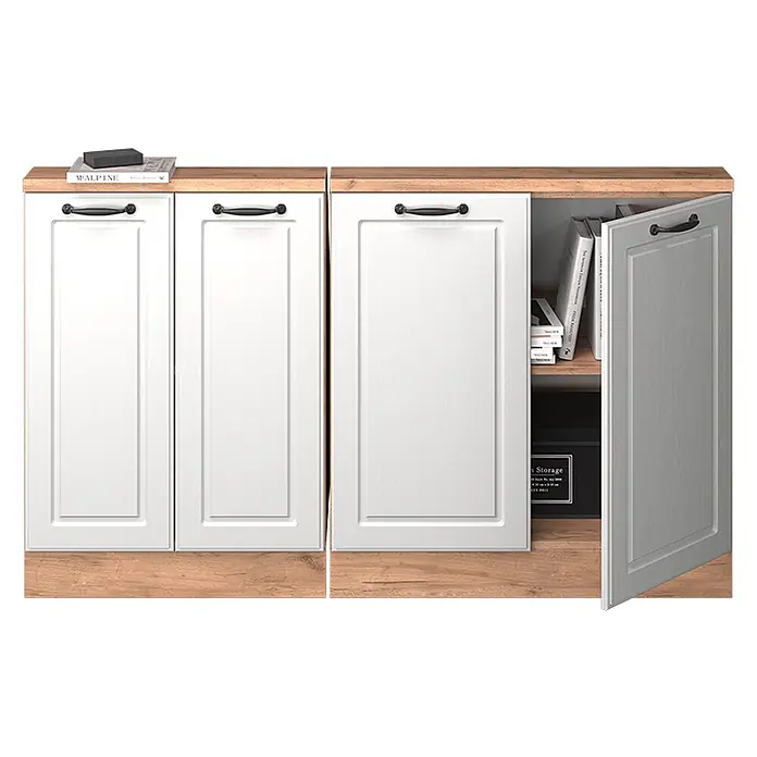 Vicco Schrankküche R-Line Weiß Landhaus 2er Set - Weiß Landhaus, Dachschrägenzeile 140cm - Weißer Schrank mit schwarzen Griffen und Holzplatte/-sockel, eine Tür geöffnet, zeigt Bücher und eine Aufbewahrungsbox.