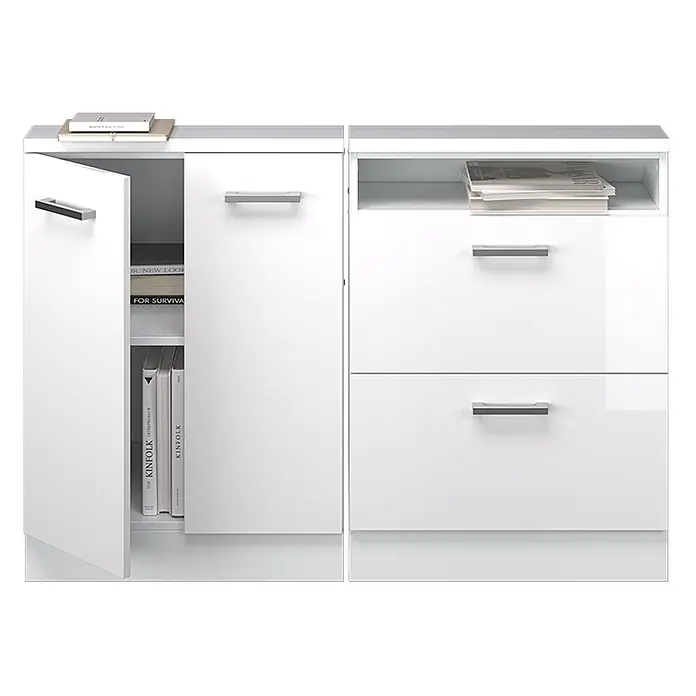 Vicco Schrankküche R-Line Weiß Hochglanz 2er Set - Weiß Hochglanz, Dachschrägenzeile 120cm - Weißer Hochglanz-Aufbewahrungsschrank mit Türen (eine offen mit Büchern), offener Ablage und zwei Schubladen, mit silbernen Griffen.