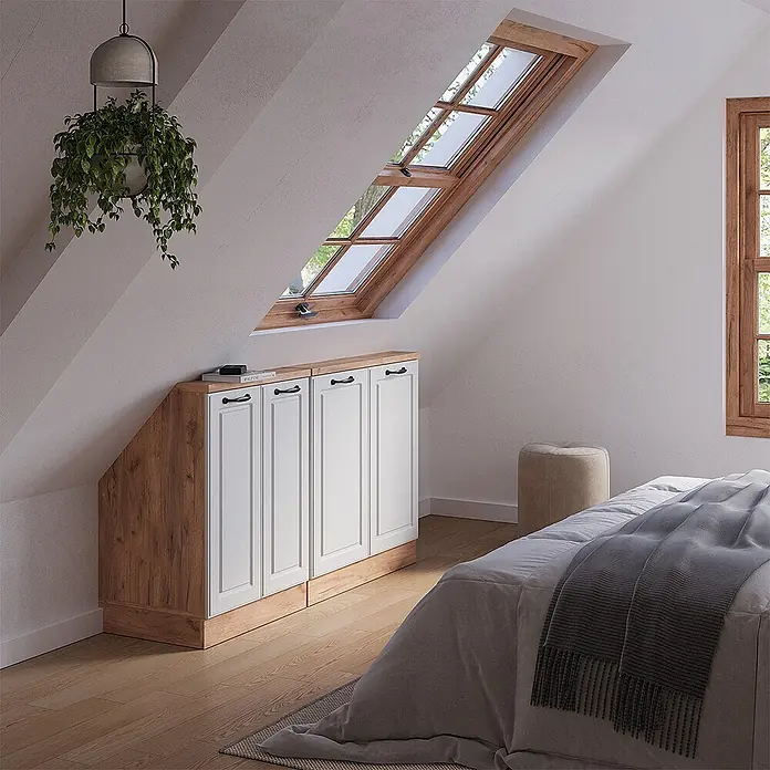 Vicco Schrankküche R-Line Weiß Landhaus 2er Set - Weiß Landhaus, Dachschrägenzeile 140cm - Weißer Dachschrägenschrank aus Holz mit schwarzen Griffen, passgenau unter einer Dachschräge für Stauraum.