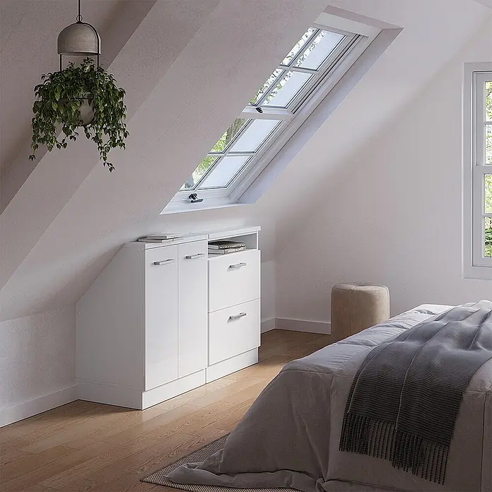Vicco Schrankküche R-Line Weiß Hochglanz 2er Set - Weiß Hochglanz, Dachschrägenzeile 120cm - Weißer Stauraumschrank mit Türen und Schubladen, perfekt unter einer Dachschräge.