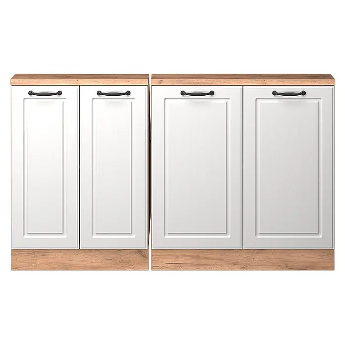 Vicco Schrankküche R-Line Weiß Landhaus 2er Set - Weiß Landhaus, Dachschrägenzeile 140cm - Zwei weiße Küchenunterschränke mit schwarzen Griffen, heller Holzplatte und passendem Sockel.