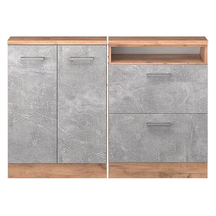 Vicco Schrankküche R-Line Beton 2er Set - Beton, Dachschrägenzeile 120cm - Schrank in Betonoptik grau mit zwei Türen und passende Kommode mit offener Ablage und zwei Schubladen, mit Holzoptik-Oberplatten und -Sockeln.