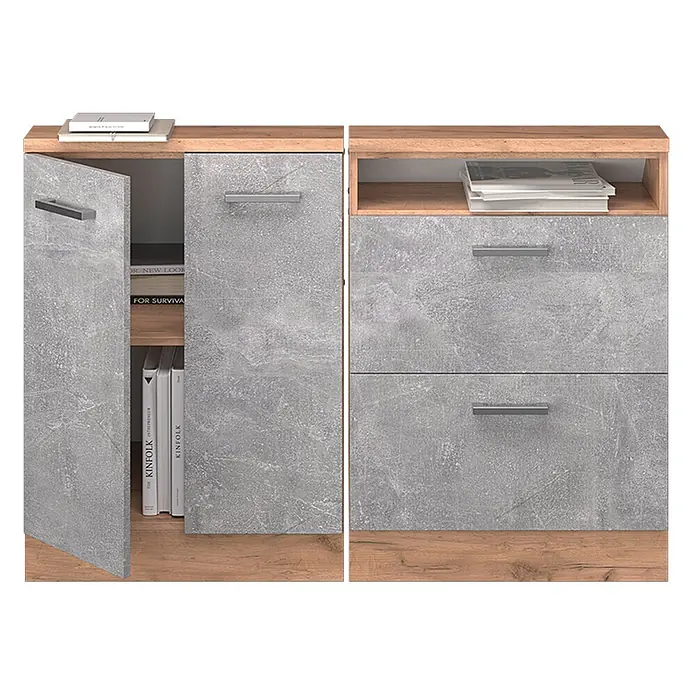 Vicco Schrankküche R-Line Beton 2er Set - Beton, Dachschrägenzeile 120cm - Modernes Sideboard in Betonoptik Grau mit Holzdekor oben und unten, mit Schrankfach, offener Ablage und zwei Schubladen.