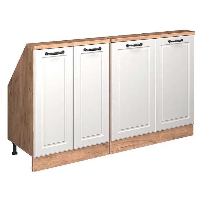 Vicco Schrankküche R-Line Weiß Landhaus 2er Set - Weiß Landhaus, Dachschrägenzeile 140cm - Weiße Küchenunterschränke mit schwarzen Griffen, Arbeitsplatte und Sockel in Holzoptik. Eine Einheit hat eine abgeschrägte Seite.