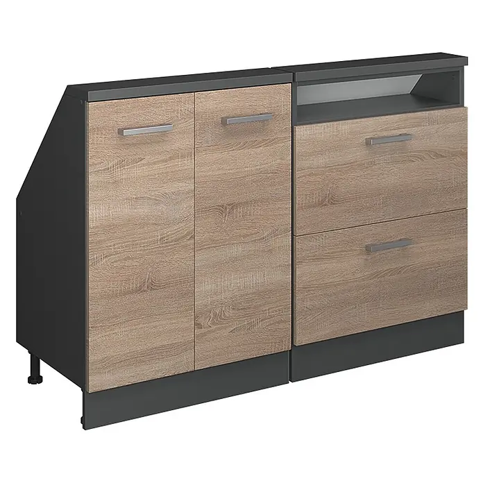 Vicco Schrankküche R-Line Sonoma 2er Set - Sonoma, Dachschrägenzeile 120cm - Hellbrauner Holz-Look und dunkelgrauer modularer Schrank mit Türen, Schubladen und Ablage.