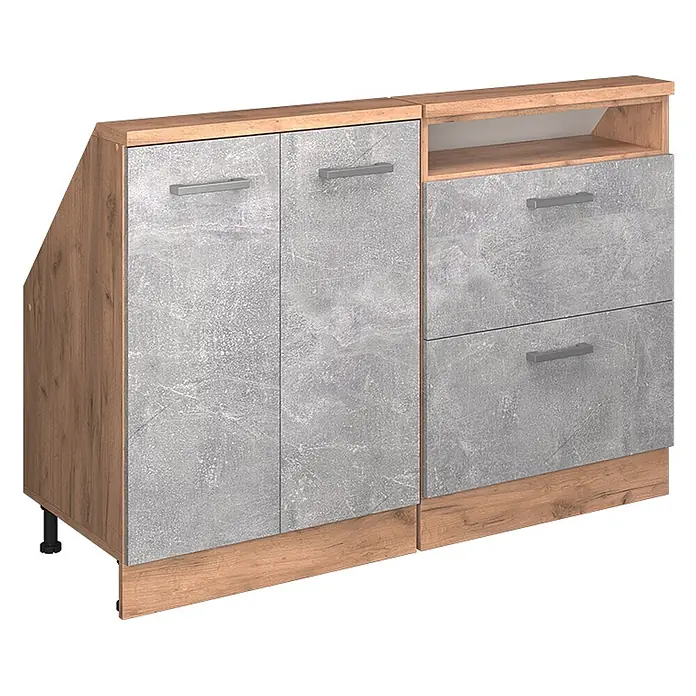 Vicco Schrankküche R-Line Beton 2er Set - Beton, Dachschrägenzeile 120cm - Modulares Sideboard mit Holzoptikrahmen und Betonoptik-Türen/Schubladen, mit schräger linker Seite, offenem Fach, zwei Türen und zwei Schubladen.