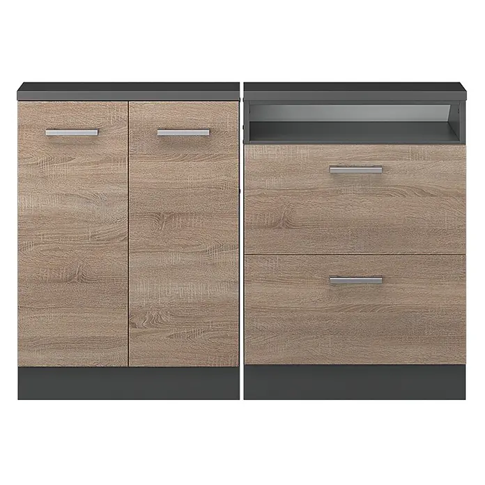 Vicco Schrankküche R-Line Sonoma 2er Set - Sonoma, Dachschrägenzeile 120cm - Zwei helle Holzschränke mit dunkelgrauen Platten und Sockeln, silberne Griffe. Einer mit zwei Türen, der andere mit offenem Fach und zwei Schubladen.