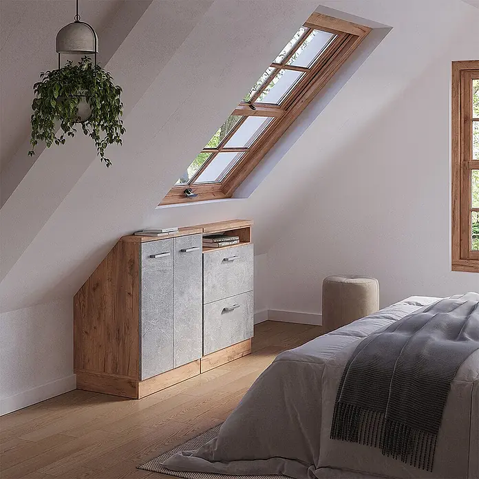 Vicco Schrankküche R-Line Beton 2er Set - Beton, Dachschrägenzeile 120cm - Maßgefertigte Dachschrägenkommode in Holz- und Betonoptik mit Türen und Schubladen, perfekt unter einem schrägen Dach.