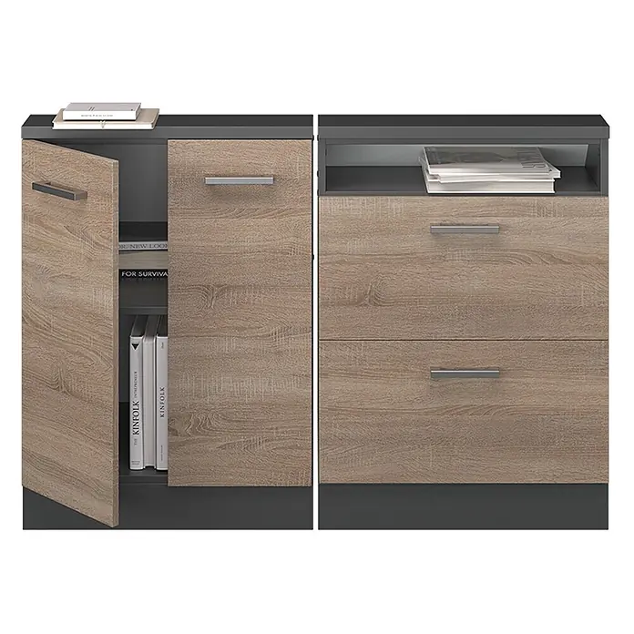 Vicco Schrankküche R-Line Sonoma 2er Set - Sonoma, Dachschrägenzeile 120cm - Hellbrauner Holzmaserung-Aufbewahrungsschrank mit dunkelgrauen Akzenten, inklusive Schrank, Schubladen und offenem Fach.