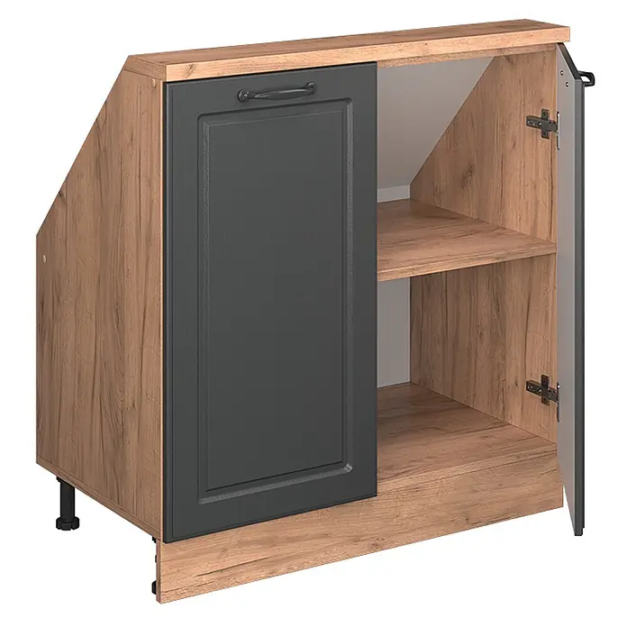 Vicco Schrankküche R-Line Anthrazit Landhaus mit 2 Türen - Anthrazit Landhaus, Dachschrägenschrank 80cm - Abgeschrägter Unterschrank mit dunkelgrauer Tür, Holzdekorrahmen, verstellbaren Füßen und einem Einlegeboden.