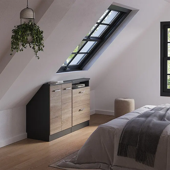 Vicco Schrankküche R-Line Sonoma 2er Set - Sonoma, Dachschrägenzeile 120cm - Maßgefertigte Kommode mit hellen Holzfronten und dunkelgrauem Rahmen, ideal für Dachschrägen.