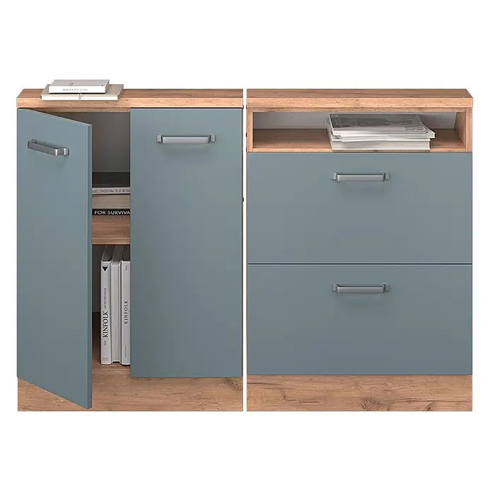 Vicco Schrankküche R-Line Blau-Grau 2er Set - Blau-Grau, Dachschrägenzeile 120cm - Blaugraue Kommode in Holzoptik. Links zwei Türen, rechts offenes Fach und zwei Schubladen, alle mit silbernen Griffen.