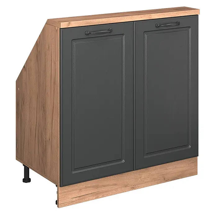 Vicco Schrankküche R-Line Anthrazit Landhaus mit 2 Türen - Anthrazit Landhaus, Dachschrägenschrank 80cm - Dunkelgrauer Unterschrank mit zwei Türen, hellem Holzdekorrahmen, Platte und schwarzen Griffen, mit verstellbaren Füßen.