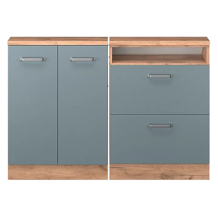 Vicco Schrankküche R-Line Blau-Grau 2er Set - Blau-Grau, Dachschrägenzeile 120cm - Zwei hellblaue-graue Möbelstücke mit Holzoberflächen und -sockeln. Eines ist ein zweitüriger Schrank, das andere hat ein offenes Fach und zwei Schubladen.