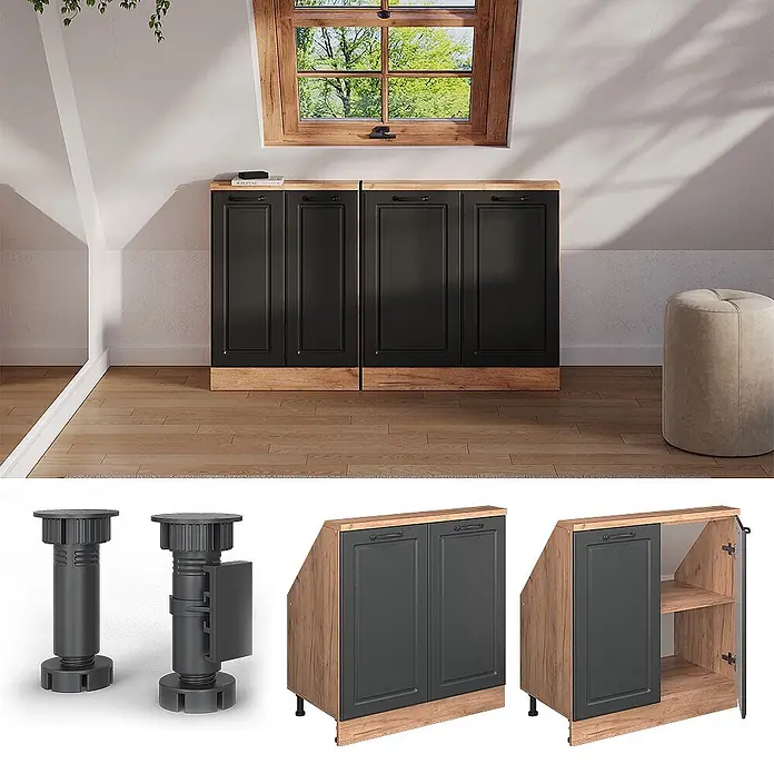 Vicco Schrankküche R-Line Anthrazit Landhaus mit 2 Türen - Anthrazit Landhaus, Dachschrägenschrank 80cm - Zwei schwarz-holzfarbene Lagerschränke unter einem Fenster in einem Dachzimmer.