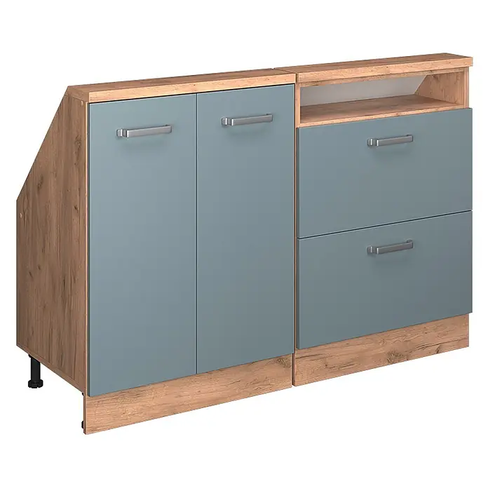 Vicco Schrankküche R-Line Blau-Grau 2er Set - Blau-Grau, Dachschrägenzeile 120cm - Modulares blau-graues und Holzmaserung-Sideboard mit zwei Türen, offenem Fach und zwei Schubladen, links angeschrägt.