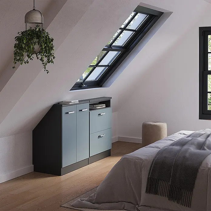 Vicco Küchenschrank für Dachschrägen R-Line, Blau-Grau, 120 cm -  - Maßgefertigtes hellblau-graues und dunkelgraues Schranksystem mit silbernen Griffen, passend für Dachschrägen zur Schlafzimmeraufbewahrung.