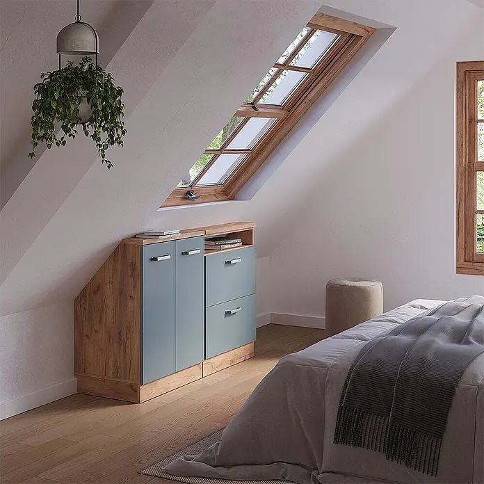 Vicco Schrankküche R-Line Blau-Grau 2er Set - Blau-Grau, Dachschrägenzeile 120cm - Maßgefertigter Holz- und hellblauer Stauraumschrank unter einer Dachschräge.