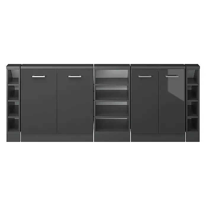 Vicco Schrankküche R-Line Anthrazit Hochglanz 5er Set - Anthrazit Hochglanz, Dachschrägenzeile 210cm - Dunkelgraues modulares Aufbewahrungsmöbel mit geschlossenen Schränken und offenen Regalfächern.