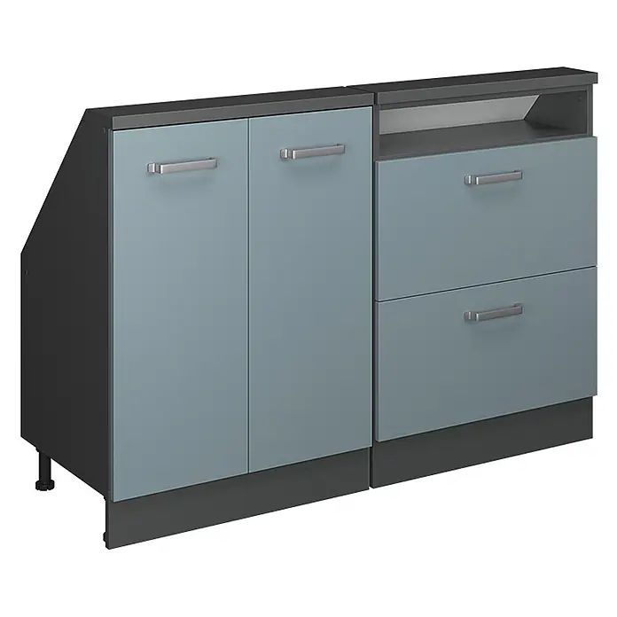 Vicco Küchenschrank für Dachschrägen R-Line, Blau-Grau, 120 cm -  - Modulares Büromöbel in Hellblau und Dunkelgrau, mit zwei Drehtüren und zwei Schubladen sowie einem offenen Fach.