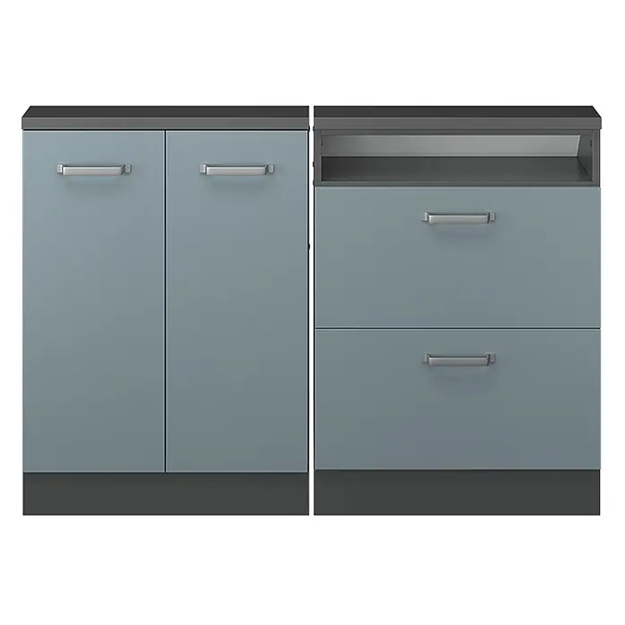 Vicco Küchenschrank für Dachschrägen R-Line, Blau-Grau, 120 cm -  - Hellblau-graue modulare Aufbewahrungseinheit: zweitüriger Schrank und Zweischubladenkommode mit offenem Fach, dunkelgraue Akzente, silberne Griffe.