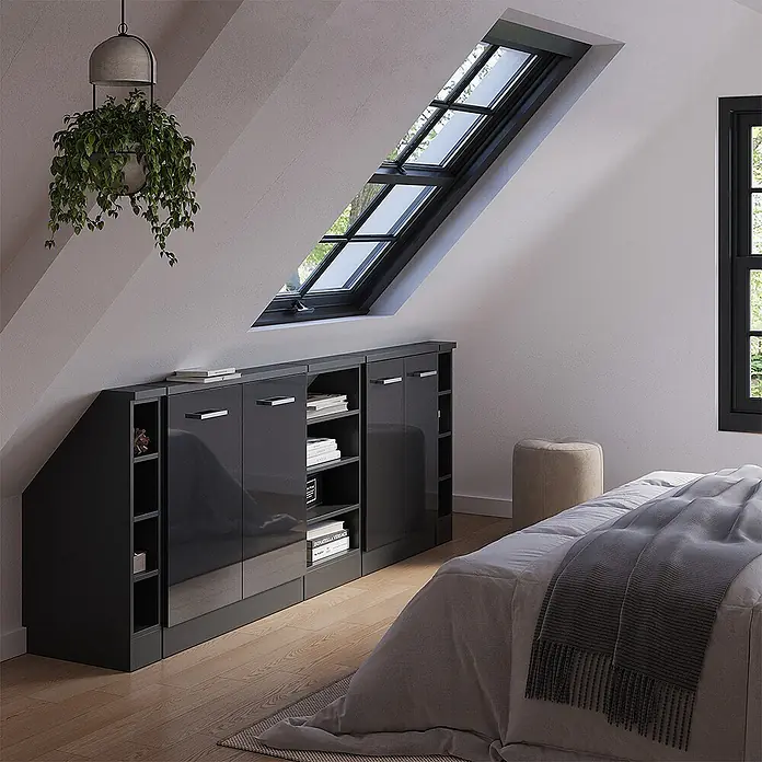Vicco Schrankküche R-Line Anthrazit Hochglanz 5er Set - Anthrazit Hochglanz, Dachschrägenzeile 210cm - Dunkelgraue glänzende modulare Schränke und offene Regale, maßgefertigt unter einer Dachschräge für Schlafzimmerstauraum.