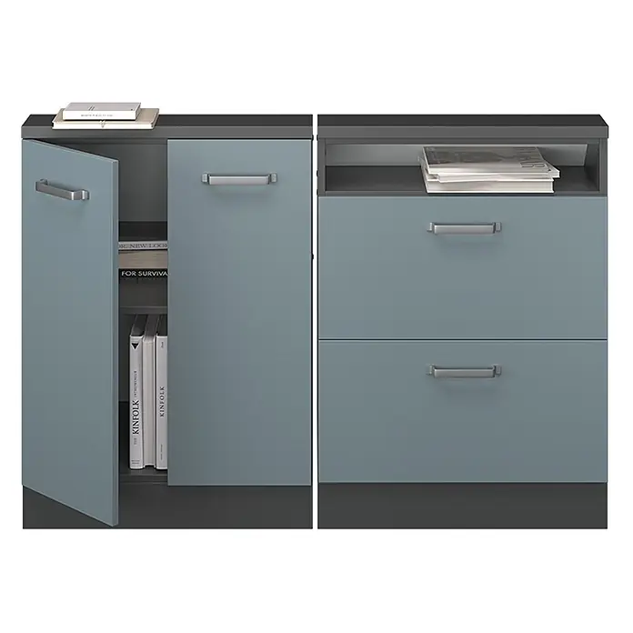 Vicco Küchenschrank für Dachschrägen R-Line, Blau-Grau, 120 cm -  - Blau-grauer und dunkelgrauer Schrank mit Türen, die Regale links zeigen, und zwei Schubladen mit offenem Regal rechts.