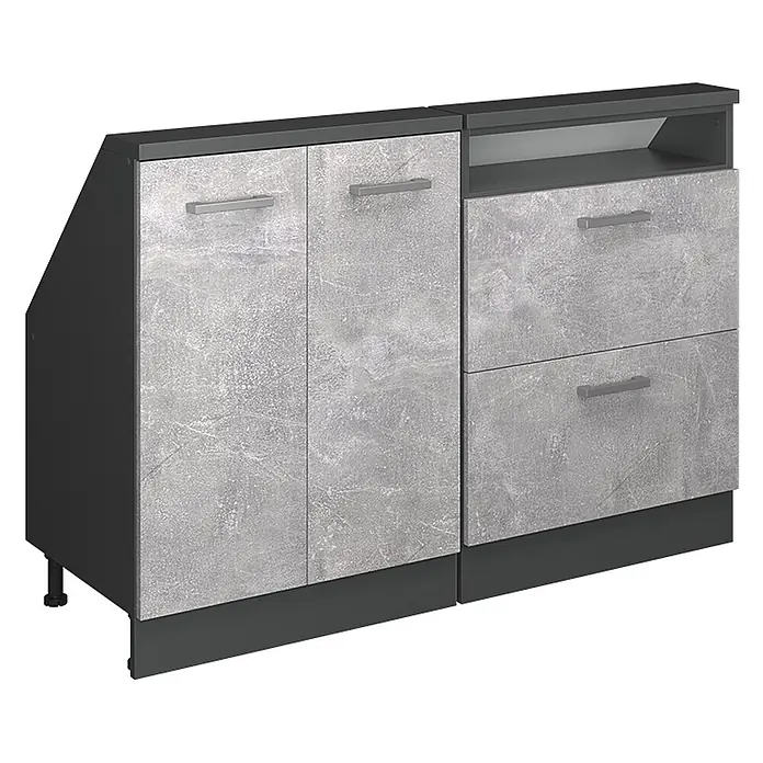 Vicco Schrankküche R-Line Beton 2er Set - Beton, Dachschrägenzeile 120cm - Zweiteiliger moderner Schrank in Betonoptik Grau und Dunkelgrau, mit Türen, Schubladen und offenem Fach.
