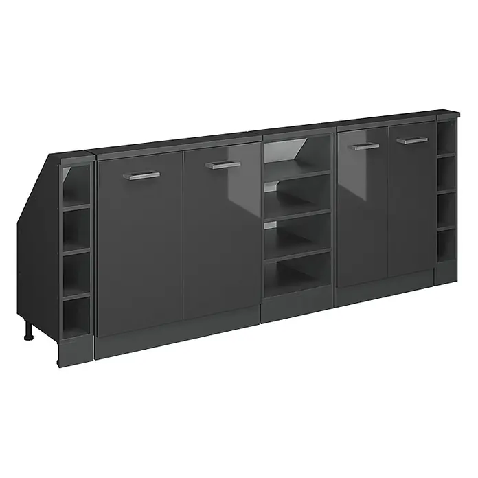 Vicco Schrankküche R-Line Anthrazit Hochglanz 5er Set - Anthrazit Hochglanz, Dachschrägenzeile 210cm - Dunkelgraues Hochglanz-Modulsideboard mit geschlossenen Schränken und offenen Regaleinheiten, mit abgeschrägtem Endteil.