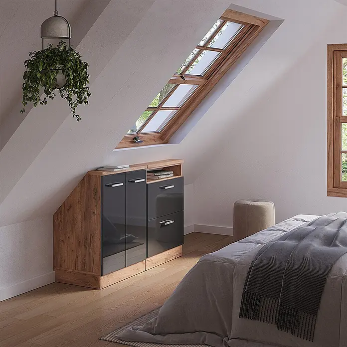 Vicco Küchenschrank für Dachschrägen R-Line, Anthrazit Hochglanz, 120 cm -  - Zwei moduläre Aufbewahrungsschränke mit hellem Holzdekor und dunkelgrau glänzenden Türen/Schubladen, unter einer Dachschräge.