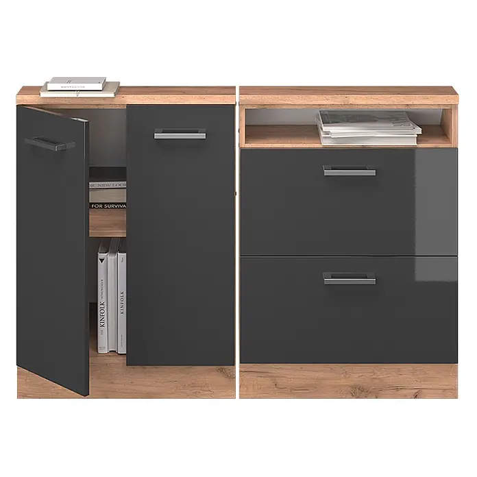 Vicco Küchenschrank für Dachschrägen R-Line, Anthrazit Hochglanz, 120 cm -  - Glänzendes dunkelgraues und Holzdekor-Sideboard mit zwei Türen, einem offenen Fach und zwei Schubladen.