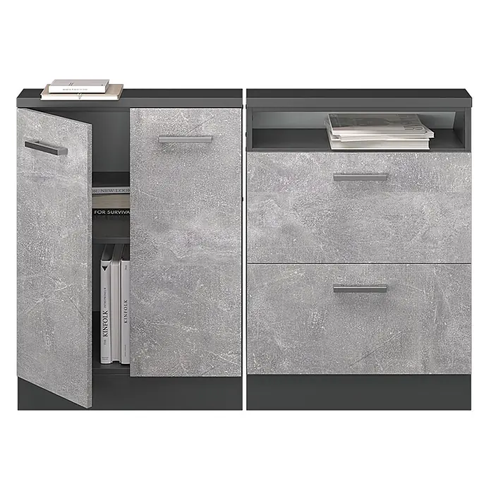 Vicco Schrankküche R-Line Beton 2er Set - Beton, Dachschrägenzeile 120cm - Hellgrauer Schrank in Betonoptik mit dunkelgrauem Rahmen, mit offenem Fach, Türen und Schubladen.
